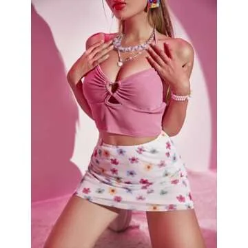 MakeMeChic Women's Halter Tie Backless Cut Out Ribbed Knit Summer Crop Cami Tops A Pink Large