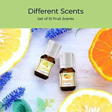 Good Essential Fruity Fruits Fragrance Oil Set Pack of 10 - 5ml Set - Strawberry, Apple, Watermelon, Pineapple, Cucumber Melon, Red Cherry, Mango, Peppermint, Lemon, & Orange - Candle Fragrance Oil