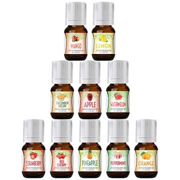 Good Essential Fruity Fruits Fragrance Oil Set Pack of 10 - 5ml Set - Strawberry, Apple, Watermelon, Pineapple, Cucumber Melon, Red Cherry, Mango, Peppermint, Lemon, & Orange - Candle Fragrance Oil