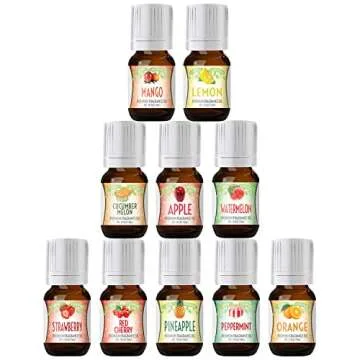 Good Essential Fruity Fruits Fragrance Oil Set Pack of 10 - 5ml Set - Strawberry, Apple, Watermelon, Pineapple, Cucumber Melon, Red Cherry, Mango, Peppermint, Lemon, & Orange - Candle Fragrance Oil