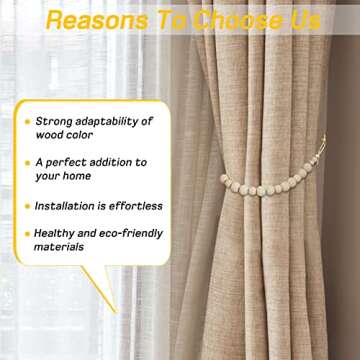 Wood Bead Curtain Tiebacks Bead Curtain Holdbacks Curtain Tie Boho Curtain Tiebacks with Wooden Beads for Festival Home Party Decor (Wood Color,2 Pieces)