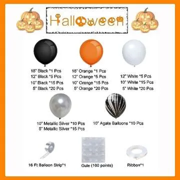 Bonropin 160Pcs Halloween Balloon Garland Arch kit with Black White Orange Silver Agate Balloons for Halloween Day Party Background Decorations