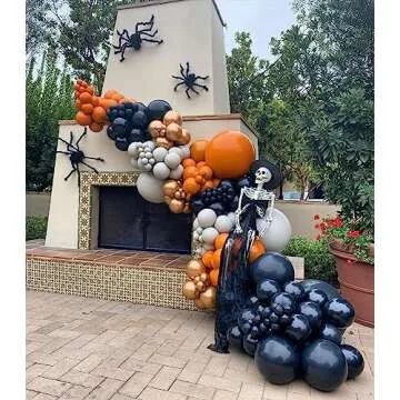 Bonropin 160Pcs Halloween Balloon Garland Arch kit with Black White Orange Silver Agate Balloons for Halloween Day Party Background Decorations