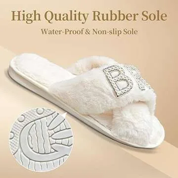 Fuzzy Bride Slippers Bridal Wedding Cross Band Cozy Plush Home Slippers Gifts Open Toe House Shoe Indoor Outdoor (Medium)