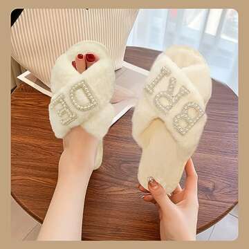 Fuzzy Bride Slippers Bridal Wedding Cross Band Cozy Plush Home Slippers Gifts Open Toe House Shoe Indoor Outdoor (Medium)