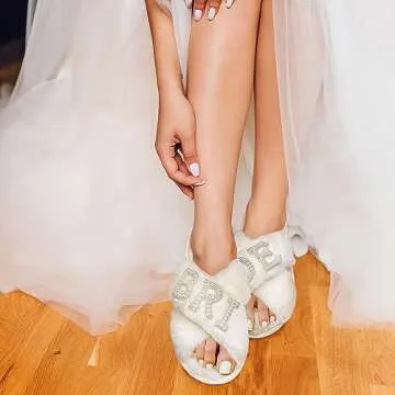 Fuzzy Bride Slippers Bridal Wedding Cross Band Cozy Plush Home Slippers Gifts Open Toe House Shoe Indoor Outdoor (Medium)