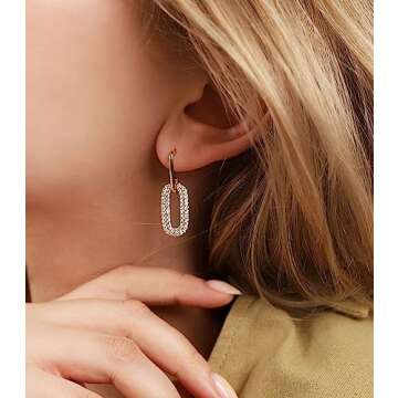 OZEL – CZ Chain Link Dangle Earrings for Women with Cubic Zirconia Stones – 14k Yellow Gold or W...