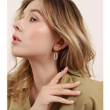 OZEL – CZ Chain Link Dangle Earrings for Women with Cubic Zirconia Stones – 14k Yellow Gold or White Gold Plated Square Oval Round U Shape (3C1100)