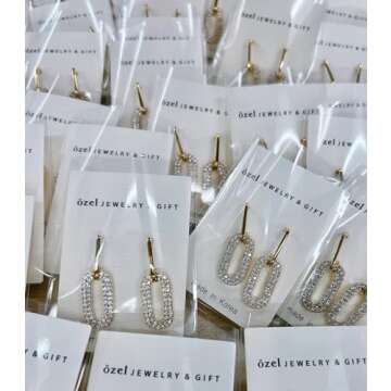 OZEL – CZ Chain Link Dangle Earrings for Women with Cubic Zirconia Stones – 14k Yellow Gold or White Gold Plated Square Oval Round U Shape (3C1100)