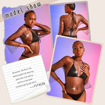 Fstrend Mesh Body Chains Rhinestone Crystal See Through Crop Tops Fishnet Dress Cover Up Black EDM Festival Outfits for Women