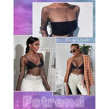 Fstrend Mesh Body Chains Rhinestone Crystal See Through Crop Tops Fishnet Dress Cover Up Black EDM Festival Outfits for Women