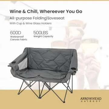 ARROWHEAD OUTDOOR Portable Folding Double Duo Camping Chair Loveseat w/ 2 Cup & Wine Glass Holder, Heavy-Duty Carrying Bag, Padded Seats & Armrests, Supports up to 500lbs, USA-Based Support