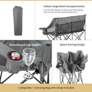 ARROWHEAD OUTDOOR Portable Folding Double Duo Camping Chair Loveseat w/ 2 Cup & Wine Glass Holder, Heavy-Duty Carrying Bag, Padded Seats & Armrests, Supports up to 500lbs, USA-Based Support