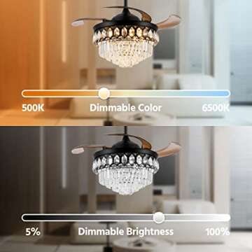 42″ Retractable Fandelier Ceiling Fan with Light and APP/Remote Control,Modern Chandelier Fan with Light Kinds of Color Dimming 6-Speed LED Crystal Ceiling Fan with Invisible Silent Blades