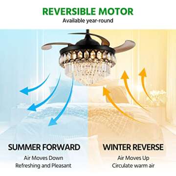 42″ Retractable Fandelier Ceiling Fan with Light and APP/Remote Control,Modern Chandelier Fan with Light Kinds of Color Dimming 6-Speed LED Crystal Ceiling Fan with Invisible Silent Blades