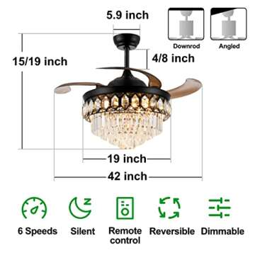 42″ Retractable Fandelier Ceiling Fan with Light and APP/Remote Control,Modern Chandelier Fan with Light Kinds of Color Dimming 6-Speed LED Crystal Ceiling Fan with Invisible Silent Blades