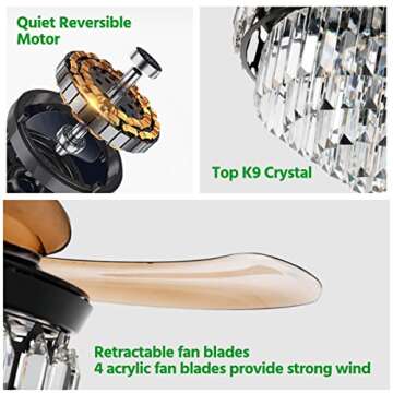 42″ Retractable Fandelier Ceiling Fan with Light and APP/Remote Control,Modern Chandelier Fan with Light Kinds of Color Dimming 6-Speed LED Crystal Ceiling Fan with Invisible Silent Blades
