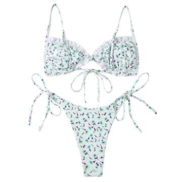 FEAPHY Women's String Bikini Frill Trim Tie Side Triangle Swimwear Two Piece Swimsuit (Flower-Green, M)