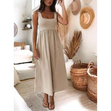 Mieazom Women's Maxi Dress Summer Sleeveless Swing Sundress Casual Loose Tank Long Dresses with Pockets