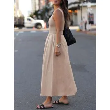 Mieazom Women's Maxi Dress Summer Sleeveless Swing Sundress Casual Loose Tank Long Dresses with Pockets