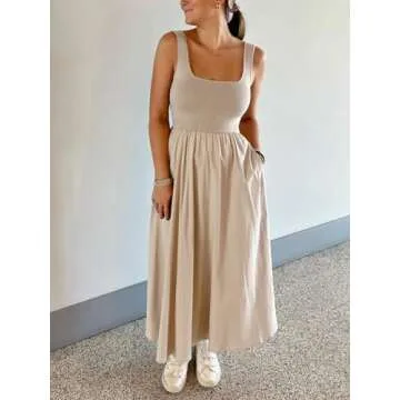 Mieazom Women's Maxi Dress Summer Sleeveless Swing Sundress Casual Loose Tank Long Dresses with Pockets