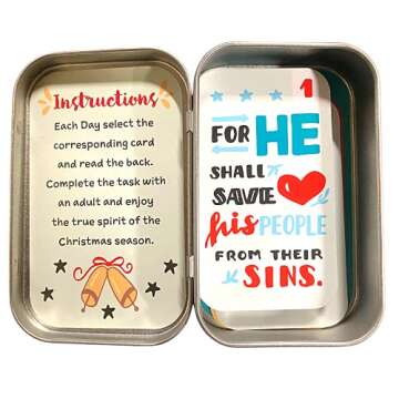 Needzo Religious Advent Calendar 2024 Activity Card Set, 25 Daily Bible Verses and Activities, Countdown to Christmas Sunday School Lessons for Children (Pack of 1)