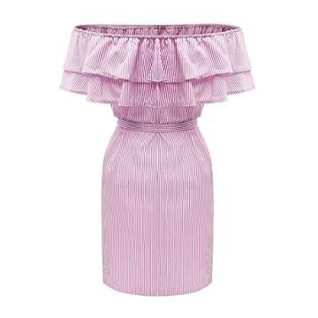 Face N Face Women's Casual Off Shoulder Striped Ruffles Strapless Short Dresses Mini Dresses Large Light Pink