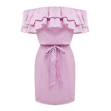 Face N Face Women's Casual Off Shoulder Striped Ruffles Strapless Short Dresses Mini Dresses Large Light Pink