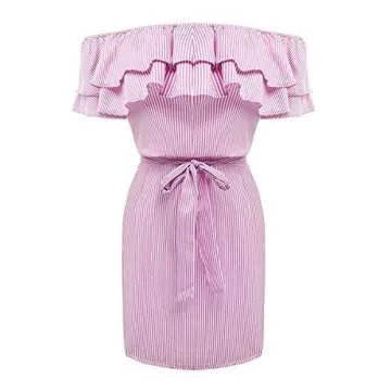 Face N Face Women's Casual Off Shoulder Striped Ruffles Strapless Short Dresses Mini Dresses Large Light Pink