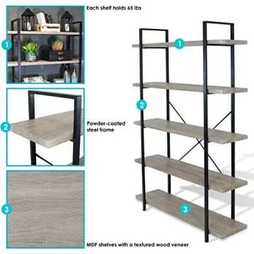 Sunnydaze 5-Tier Industrial Style Bookshelf - Oak Gray