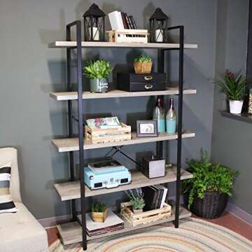 Sunnydaze 5-Tier Industrial Style Bookshelf - Oak Gray
