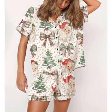 Argeousgor Women Christmas Pajamas Short Sets Santa Claus Button Down Shirt Shorts 2 Piece Xmas Nutc...