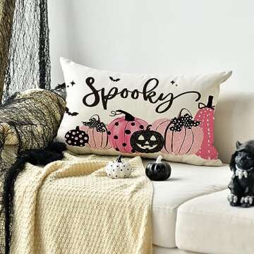 AVOIN colorlife Halloween Spooky Polka Dot Pumpkin Throw Pillow Cover, 12 x 20 Inch Bat Horror Pink Cushion Case Decoration for Sofa Couch