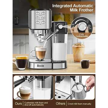 ILAVIE Espresso Machine with Integrated Automatic Milk Frother 6 in 1, 20 Bar Espresso Cappuccino Latte Maker with 24 oz Detachable Milk Reservoir, Ideal for Home Use