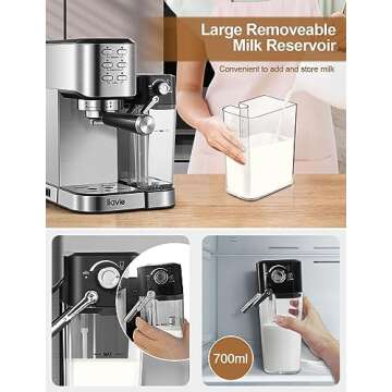 ILAVIE Espresso Machine with Integrated Automatic Milk Frother 6 in 1, 20 Bar Espresso Cappuccino Latte Maker with 24 oz Detachable Milk Reservoir, Ideal for Home Use