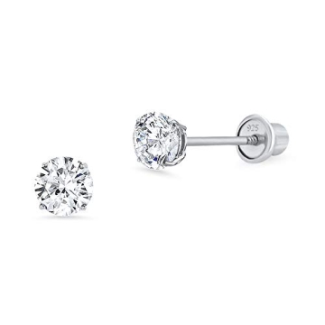925 Sterling Silver Rhodium Plated 4mm Cubic Zirconia Stud Screwback Baby Girls Earrings