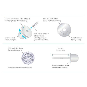 925 Sterling Silver Rhodium Baby Girls Screwback Earrings