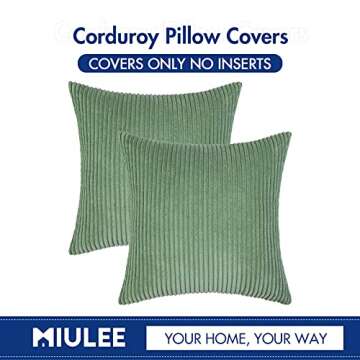 MIULEE Pack of 2 Sage Green Corduroy Soft Soild Decorative Square Throw Pillow Covers Set Cushion Cases Pillowcases for Spring Sofa Bedroom Couch 18 x 18 Inch