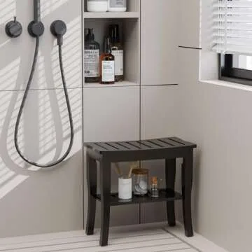 Stylish Bamboo Shower Bench Waterproof with Storage Shelf