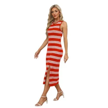 WIHOLL Womens Summer Bodycon Sundresses Cute Midi Sleeveless Wedding Guest Dress Vacation Striped Long Tank Dress Casual Trendy Orange L