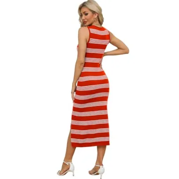 WIHOLL Womens Summer Bodycon Sundresses Cute Midi Sleeveless Wedding Guest Dress Vacation Striped Long Tank Dress Casual Trendy Orange L