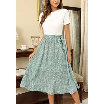 Zattcas Summer Work Dress Church Dress Midi Dress with Sleeves White Green S