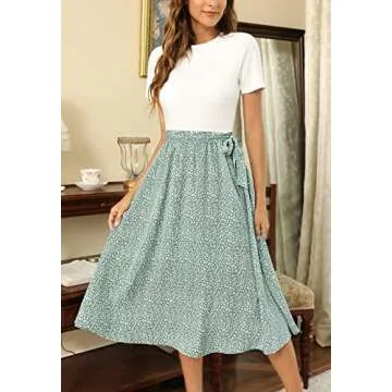 Zattcas Summer Work Dress Church Dress Midi Dress with Sleeves White Green S