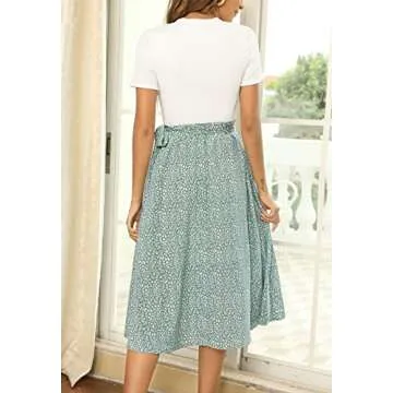 Zattcas Summer Work Dress Church Dress Midi Dress with Sleeves White Green S