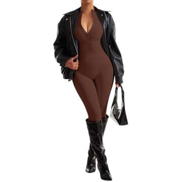 SUUKSESS Women Long Sleeve Ribbed Jumpsuit Sexy Zip up Front Workout Jumpsuit Romper (Brown, XL)