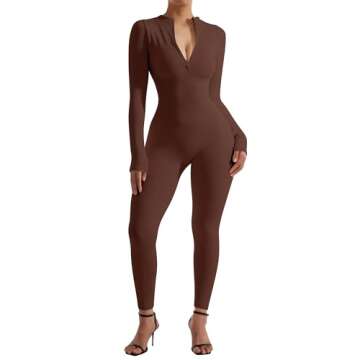 SUUKSESS Women Long Sleeve Ribbed Jumpsuit Sexy Zip up Front Workout Jumpsuit Romper (Brown, XL)