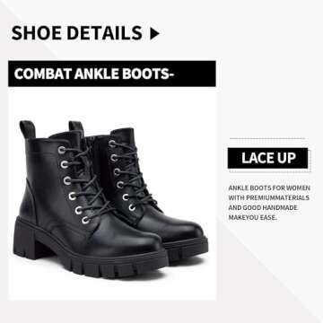Vepose Women's 9626 Combat Ankle Boots, Lace-up Platform Chunky Heel Booties with Side Zipper, Black, Size 8 US(CJY9626 Black 08)