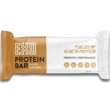 EXO Prebiotic Protein Bars, Salted Caramel | Dairy Free, Gluten Free, Low Sugar | 14g Protein, Sustainable, B12, Gut Heath, | Non-GMO. Vegetarian, Paleo | Vitamins, Sustained Energy, 12 Count,