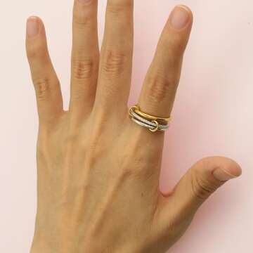 HOLINSE Stackable Rings for Women, Multicolored Connected Ring Set, Gold Silver Multi-Link Connected Ring, Stackable Cubic Zirconia Rings Set (8)