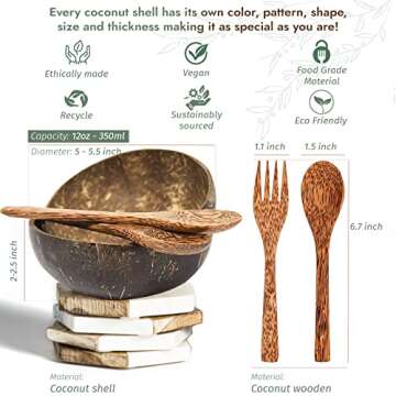 Lifgif Coconut Bowls with Wooden Spoons and Forks - Set of 4 - For Breakfast Salad, Smoothie Bowls, Buddha Bowls & Wood Acai Bowls Set - Wooden Salad Bowls - Vegan Coconut Shell Bowls